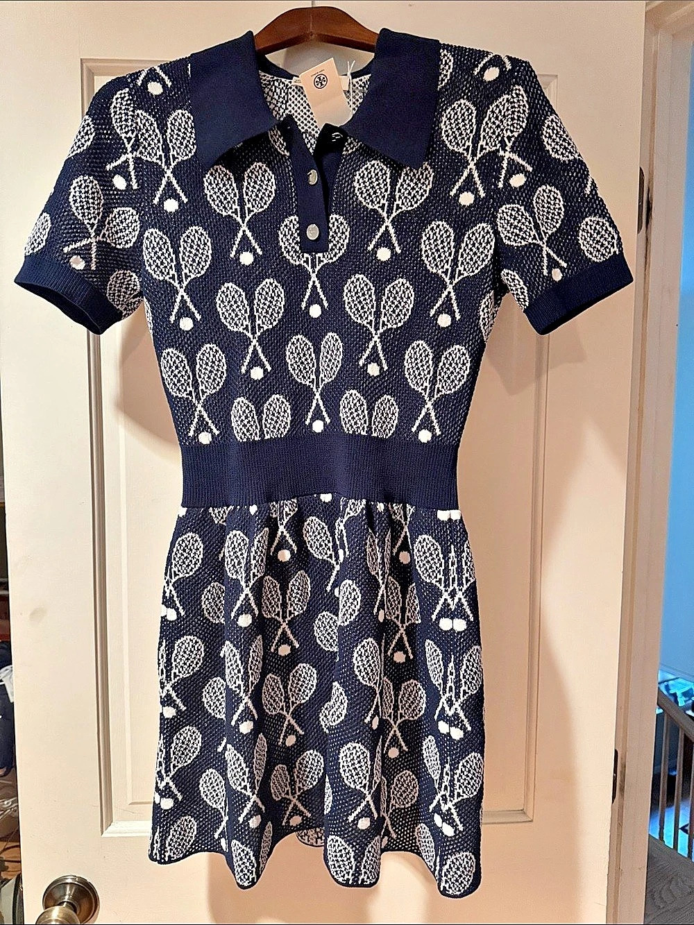 Tory Burch Racquet Mesh Dress Mini Racquet Print Knit Dress Large NWT